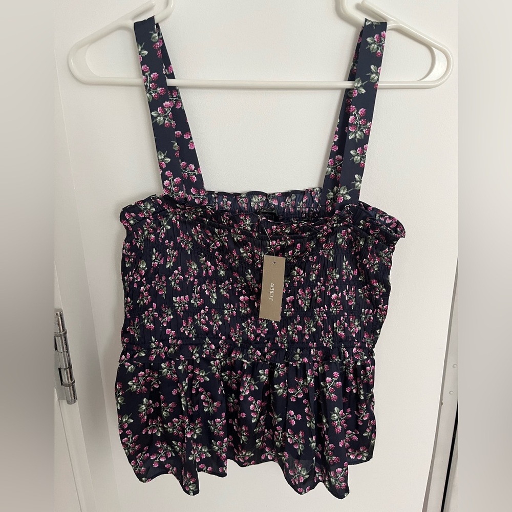NWT J CREW Satin Smocked Top Twilight Berry L - Picture 2 of 5